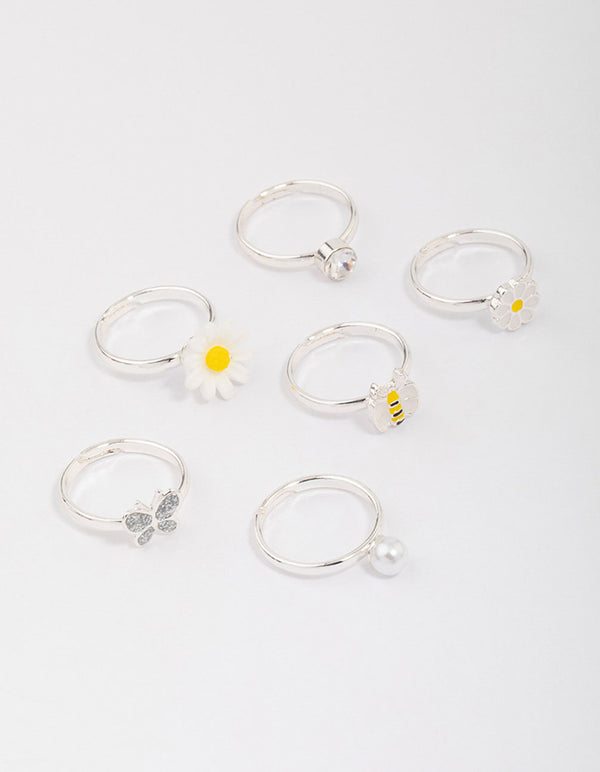 Kids Silver Daisy & Bumble Bee Ring 6-Pack