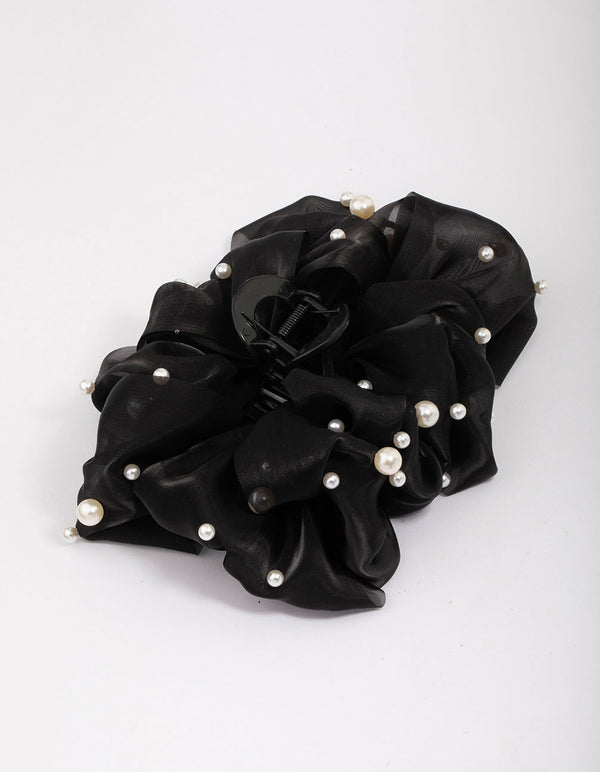 Black Large Chiffon Pearl Bow Hair Claw Clip