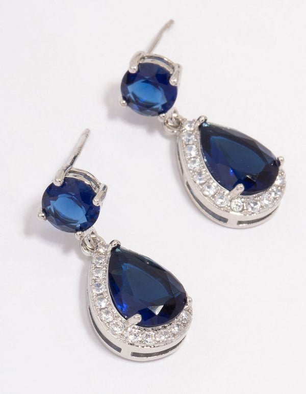 Silver Sapphire Stone Teardrop Drop Earrings