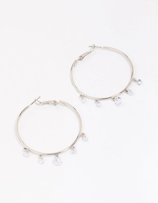 Rhodium Cubic Zirconia Dangle Hoop Earrings