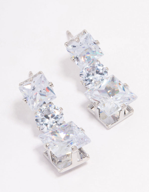 Silver Triple Cubic Zirconia Square Drop Earrings