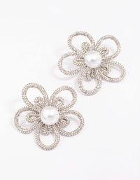 Silver Diamante & Pearl Flower Statement Stud Earrings - link has visual effect only