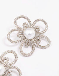 Silver Diamante & Pearl Flower Statement Stud Earrings - link has visual effect only