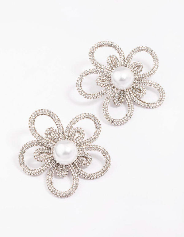 Silver Diamante & Pearl Flower Statement Stud Earrings