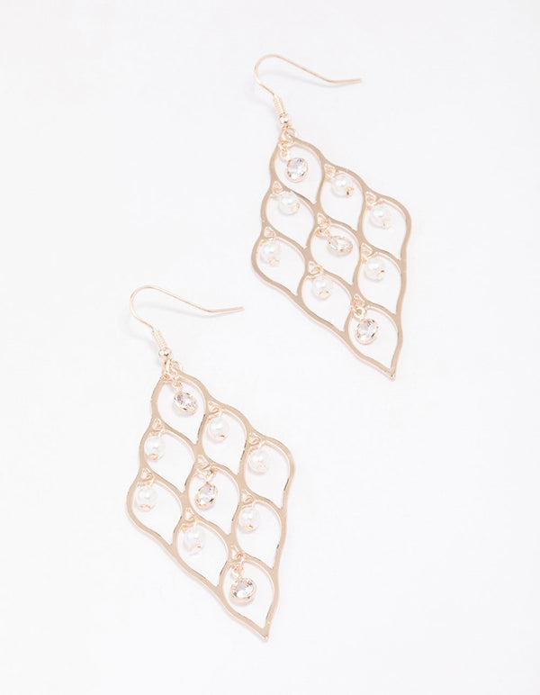 Rose Gold Diamond Cut Out Pearl Drop Earrings