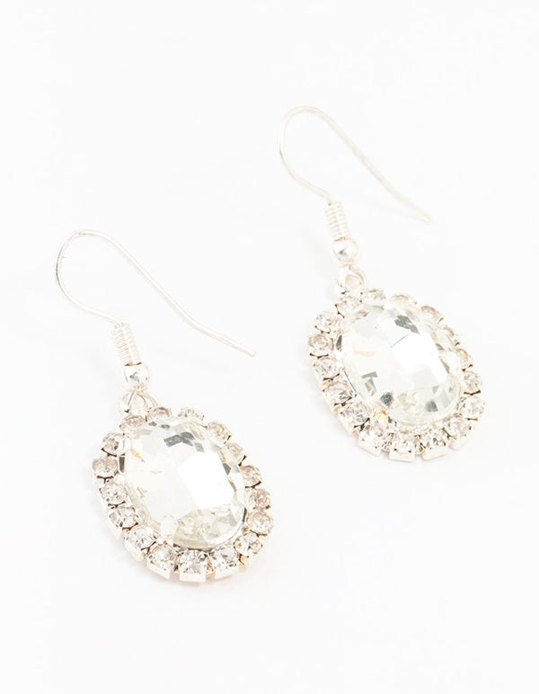 Silver Oval Halo Drop Earrings