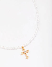 Gold Pearl Cross Pendant Necklace - link has visual effect only