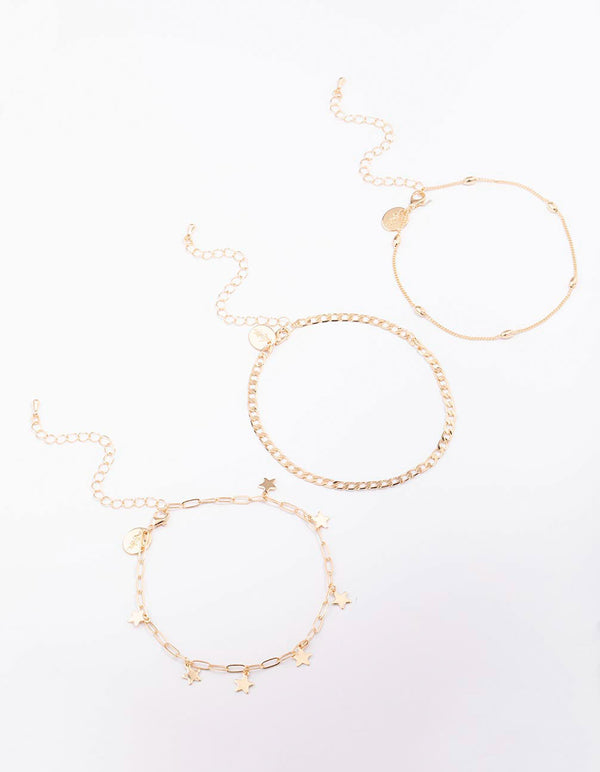 Gold Mixed Star Chain Anklet 3-Pack