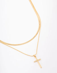 Gold Plated Plain Cross Snake Layered Necklace - link has visual effect only