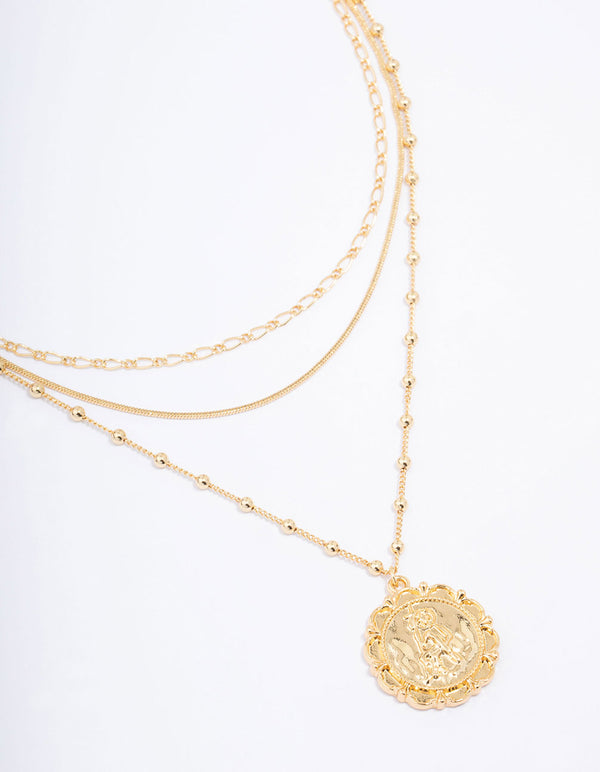 Gold Plated Large Coin Triple Layered Necklace