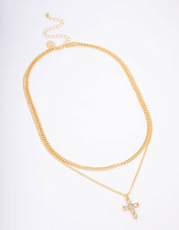 Gold Plated Diamante Cross Layered Curb Necklace - link has visual effect only