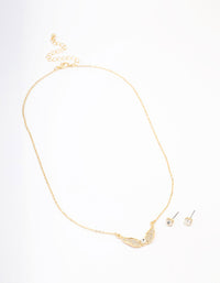 Gold Plated Diamante Heart Wing Necklace & Stud Earring Set - link has visual effect only