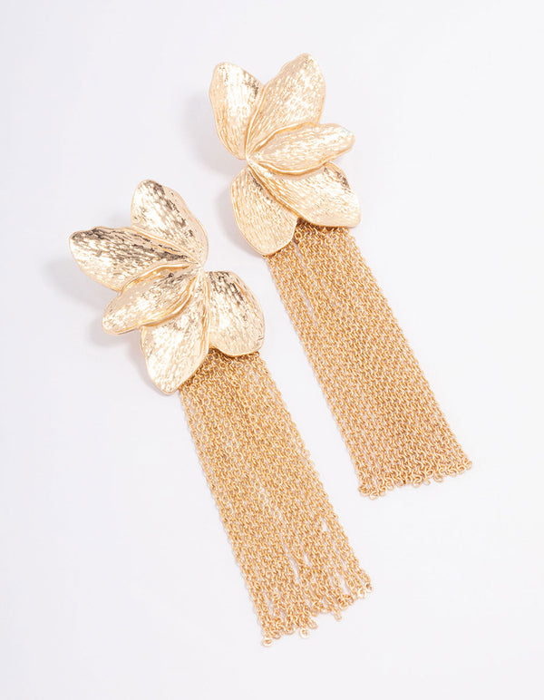 Gold Textured Flower Cup Chain Drop Earrings