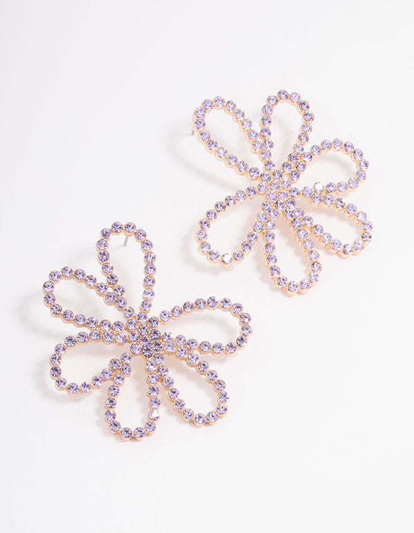 Gold & Lilac Diamante Flower Stud Earrings