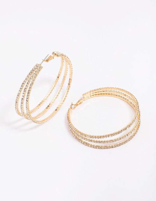 Gold Medium Triple Row Diamante Hoop Earrings