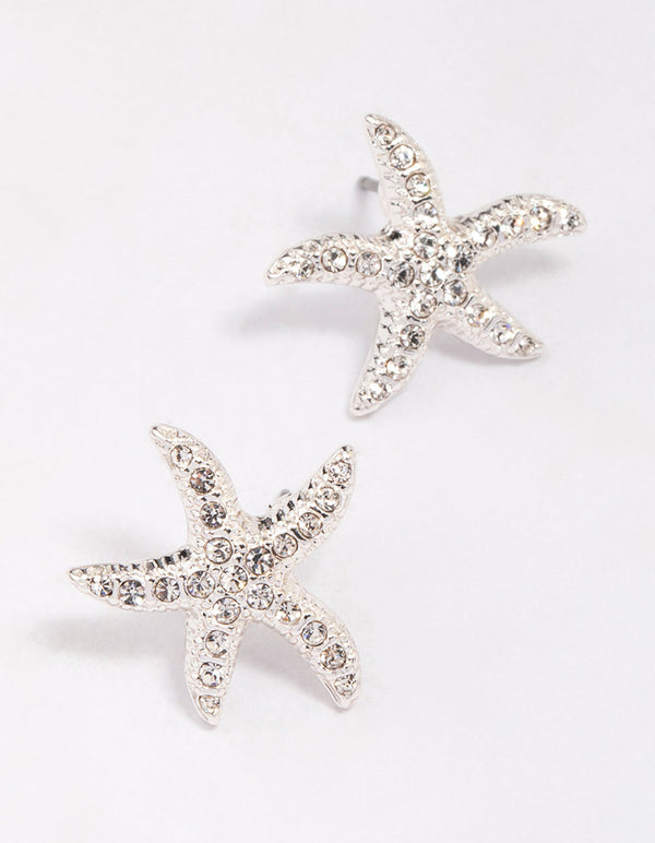 Silver Diamante Starfish Stud Earrings