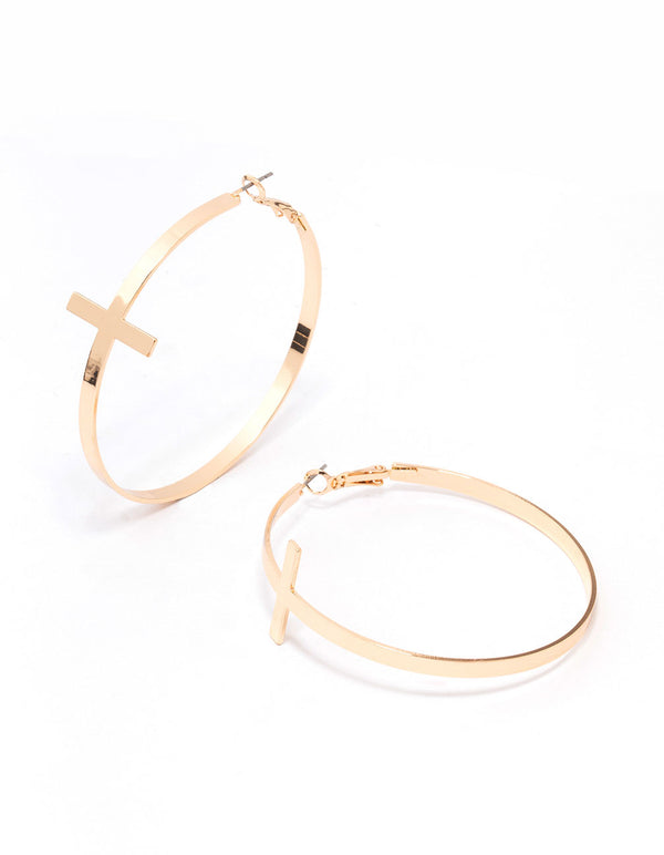 Gold Large Cross Hoop Earrings