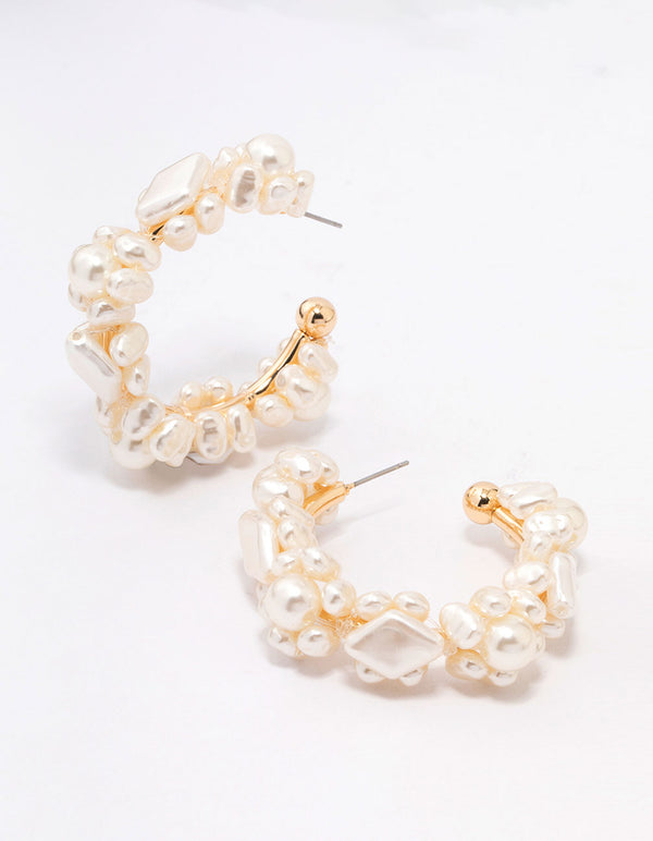 Gold Pearl Cluster Hoop Earrings