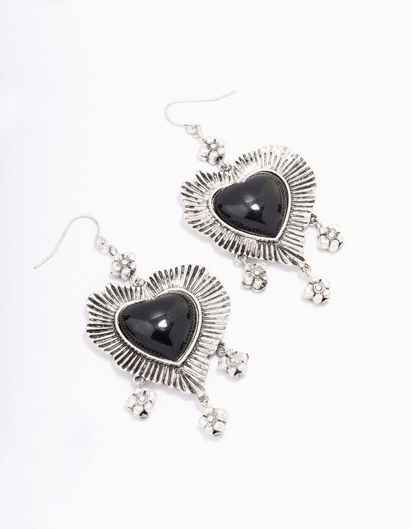 Antique Silver Detailed Heart Drop Earrings