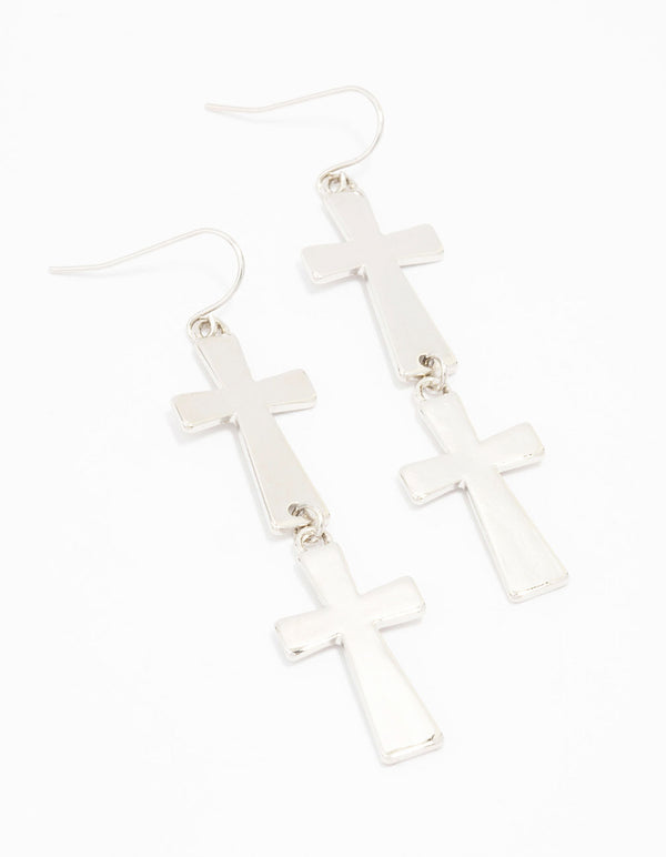 Rhodium Double Cross Drop Earrings