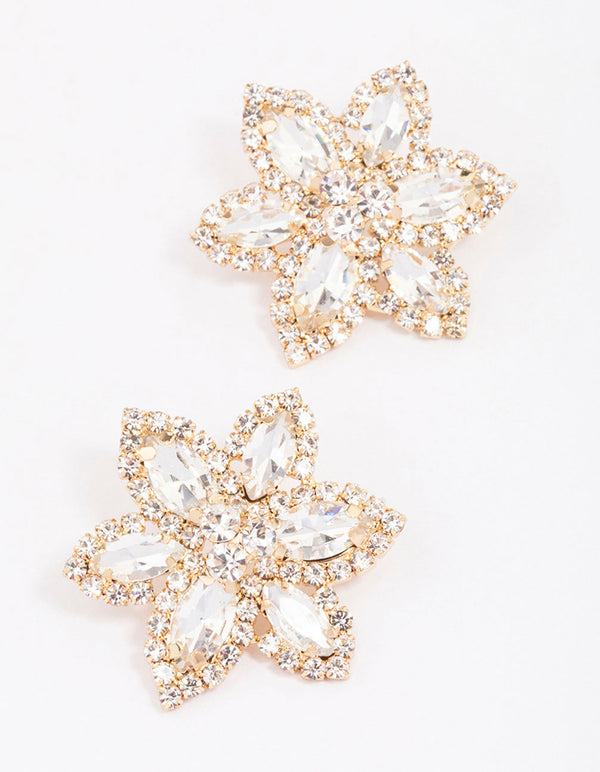 Gold Flower Diamante Stud Earrings