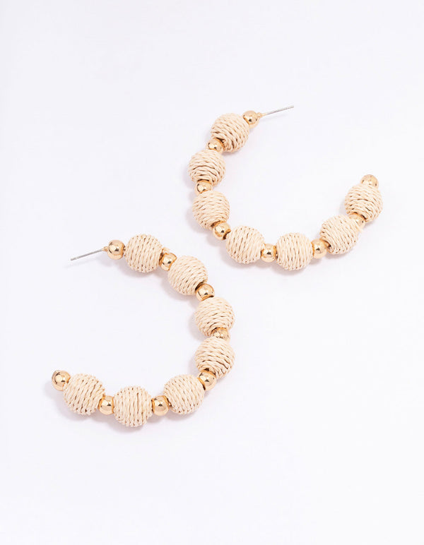 Gold Ball Raffia Large Hoop Earrings