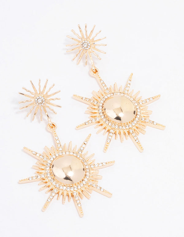 Gold Star Diamante Double Drop Earrings