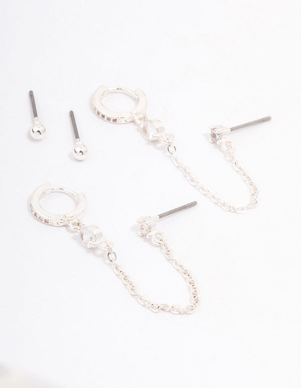 Silver Plated Cubic Zirconia Pave Huggie Chain Earring Pack