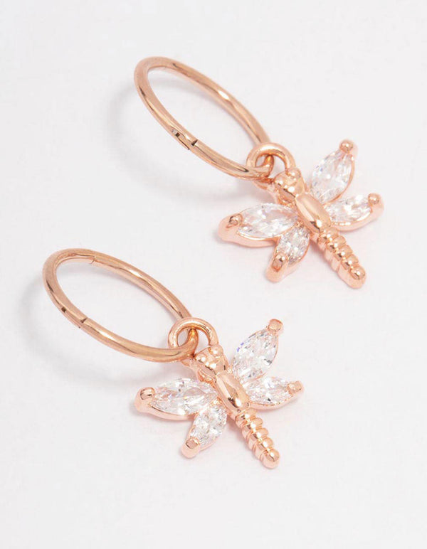 Rose Gold Plated Surgical Steel Cubic Zirconia Dragonfly Hoop Earrings