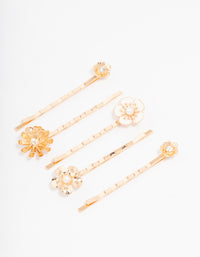 Gold Diamante Pearl Flower Hair Clip 5-Pack - link has visual effect only