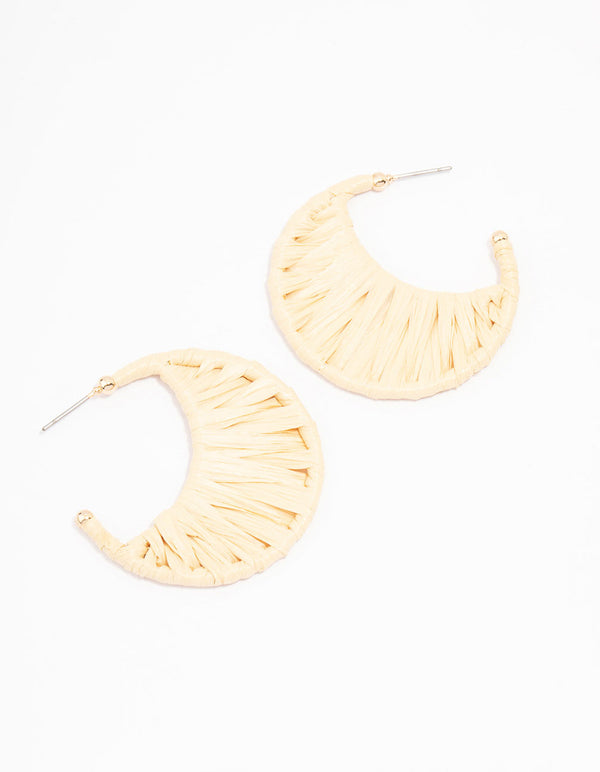 Cream Woven Raffia Crescent Hoop Earrings