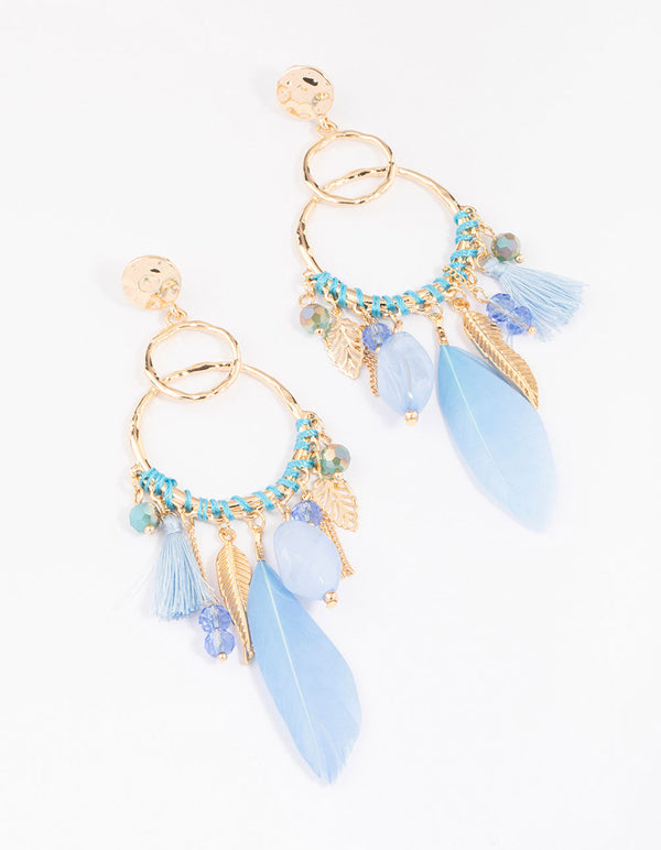 Gold Thread Blue Feather Drop Earrings