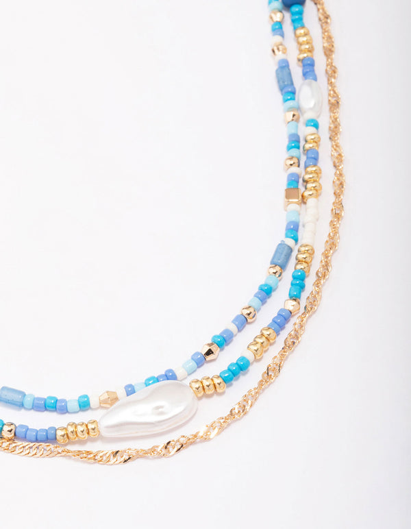 Blue Bead & Pearl Layered Choker