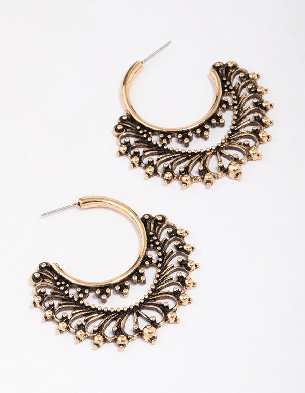 Antique Gold Medium Detailed Hoop Earrings