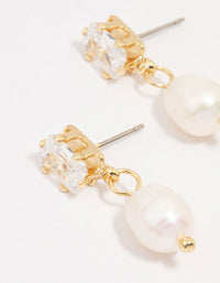 Gold Plated Emerald-Cut Crystal & Pearl Drop Earrings - link has visual effect only