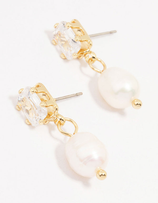 Gold Plated Emerald-Cut Crystal & Pearl Drop Earrings