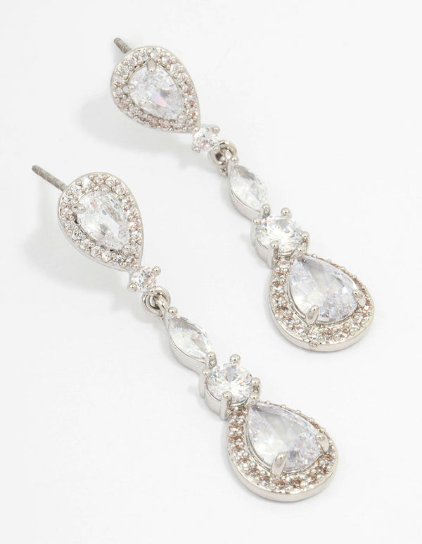 Silver Cubic Zirconia Pear Halo Drop Earrings