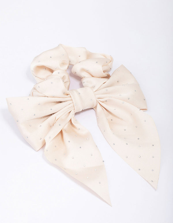 Fabric Neutral Bow Diamante Hair Scrunchie