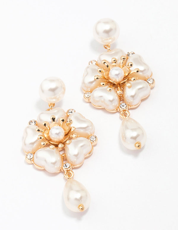 Gold Heart Pearl Drop Earrings