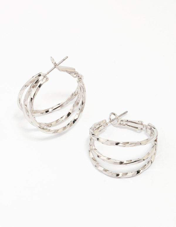 Rhodium Triple Row Smooth Hoop Earrings