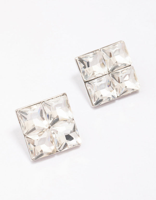 Silver Square Diamante Stud Earrings