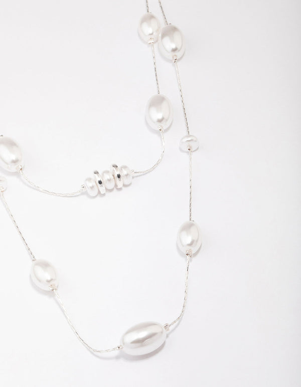 Silver Pearl Multi Row Layered Necklace