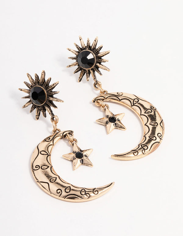 Antique Gold Stone Celestial Drop Earrings