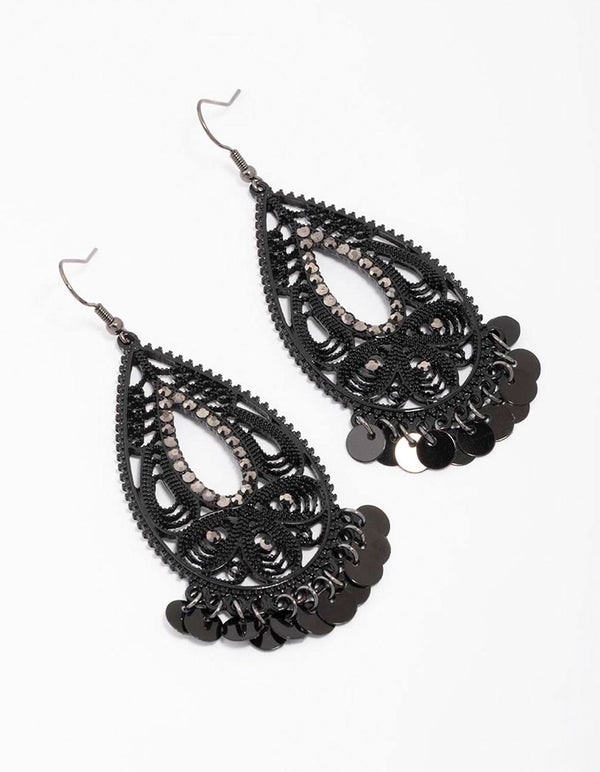 Black Teardrop Beaded Drop Earrings