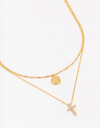 Gold Plated Brass Cubic Zirconia Cross Coin Layered Necklace - link has visual effect only