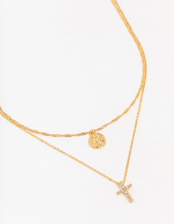 Gold Plated Brass Cubic Zirconia Cross Coin Layered Necklace