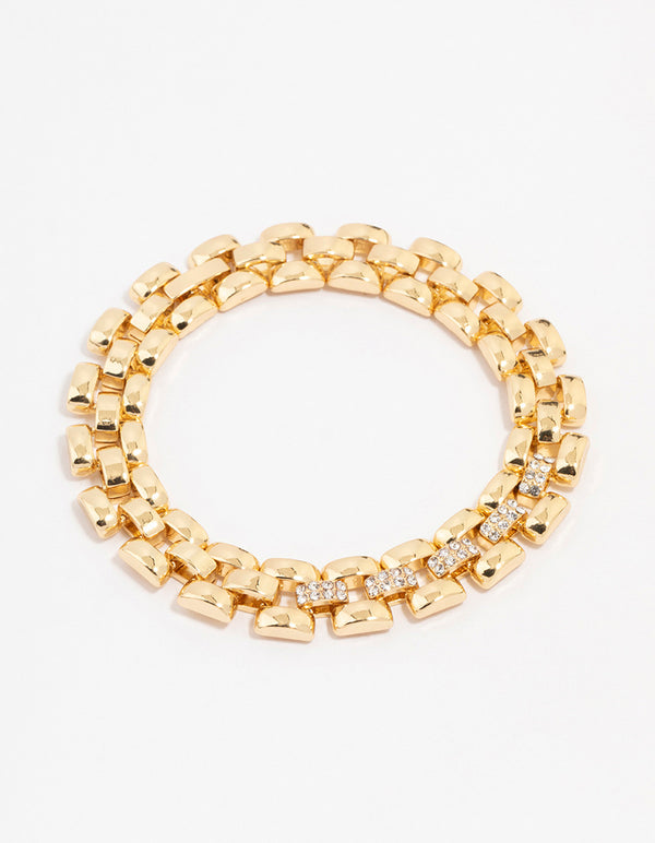 Gold Plated Brass Square Link Pave Chain Bracelet