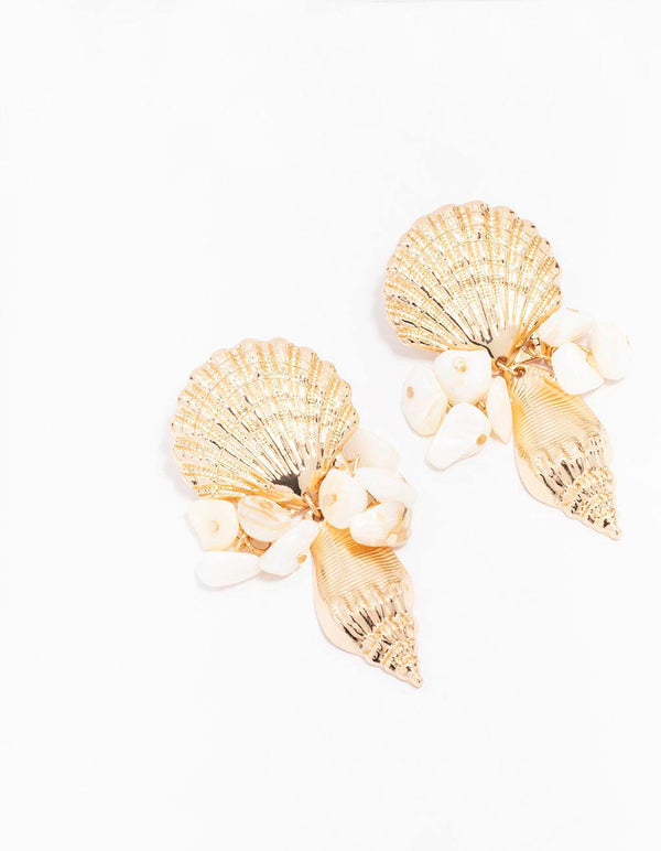 Gold Shell Stud Square Drop Earrings