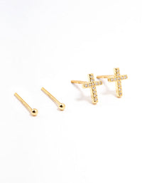 Gold Plated Sterling Silver Cubic Zirconia Cross Earrings 2-Pack - link has visual effect only