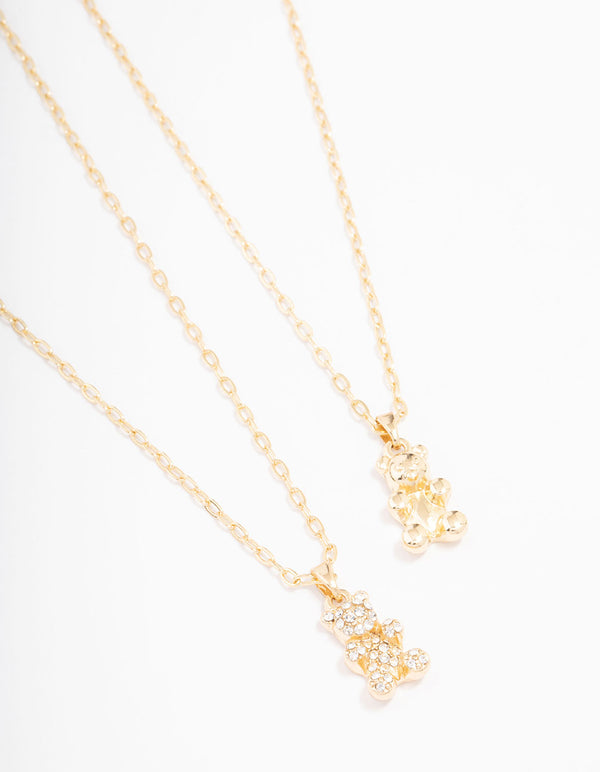 Gold Diamante Teddy Pendant Necklace Pack